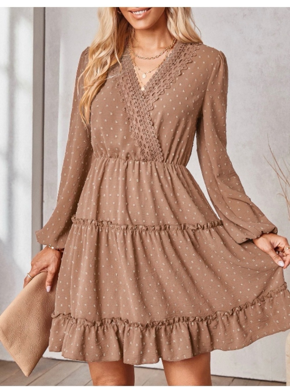 Boho Crochet Trim Tiered Mini Dress — Tan Large